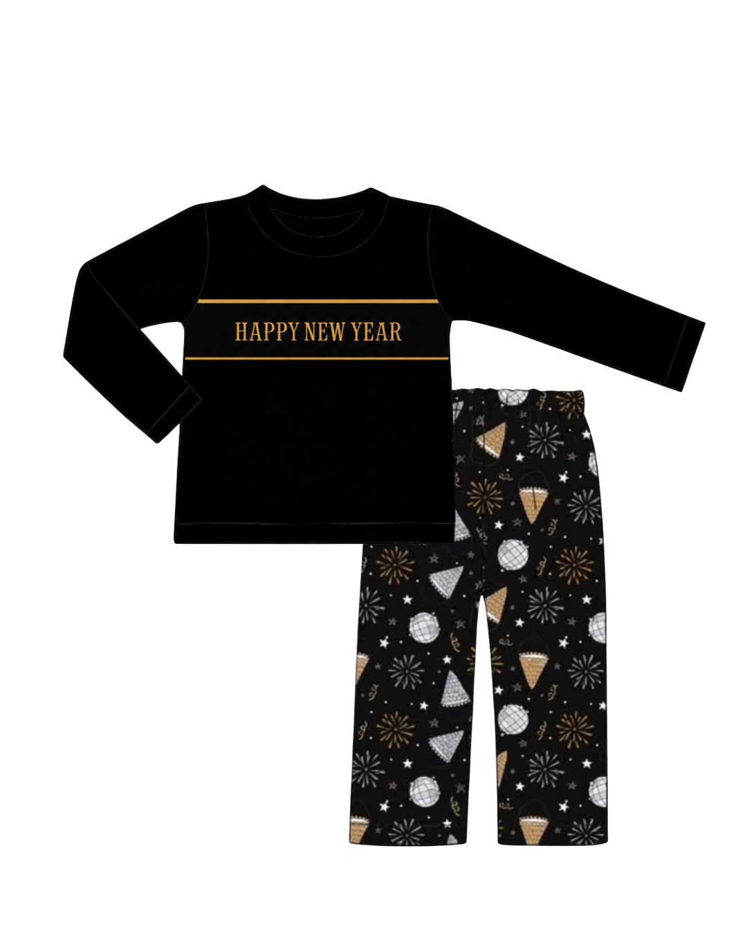 A two-piece kids' pajama set featuring a black long-sleeve top with 'HAPPY NEW YEAR' printed in gold across the chest, and matching black pants with a festive party pattern of fireworks, balloons, and ice cream cones.