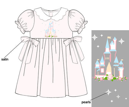 Illustration of a children's dress with castle design and satin details.