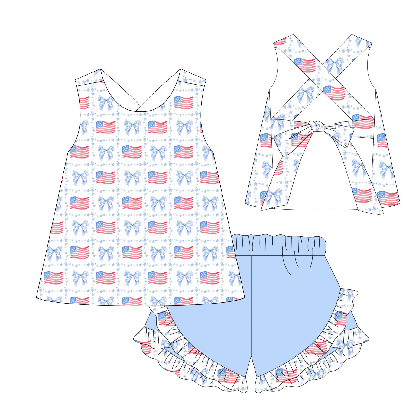 Patriotic knit short set 95% cotton 5% spandex for girls