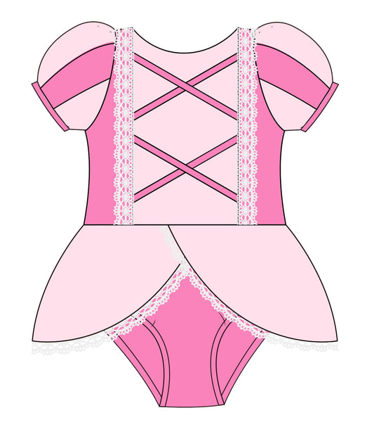 Pink princess swim girls bathing suit, fairytale inspired kids swimwear for beach and pool days.