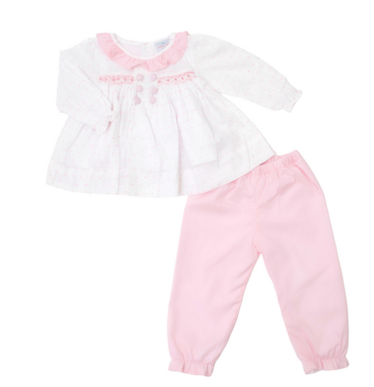 Pink Swiss dot roses hand smocked ruffle pant set