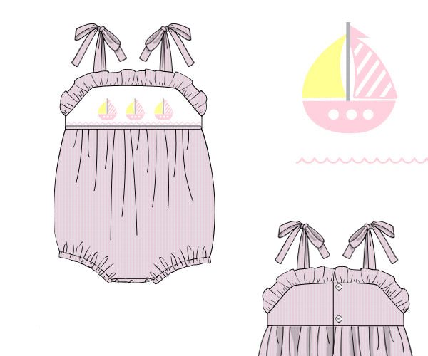 Sail Away Bubble romper for baby girls, hand-smocked with nautical-themed details. Made from 100% cotton, soft and comfy, perfect for playdates, birthdays, and family photos.