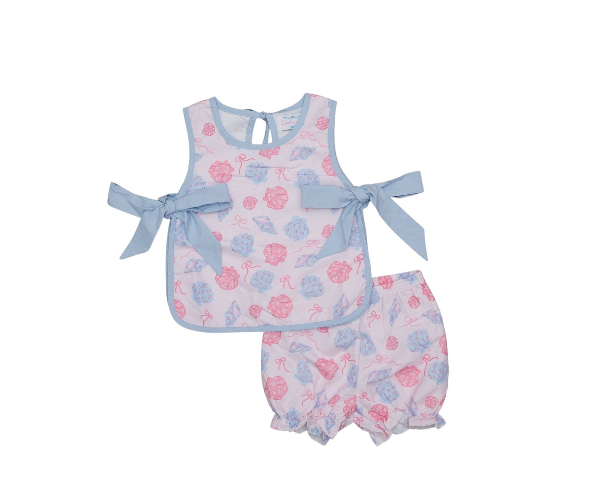 Baby romper set with floral pattern and blue bows on a white background