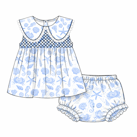 Shell & Sail diaper set for girls with coastal print