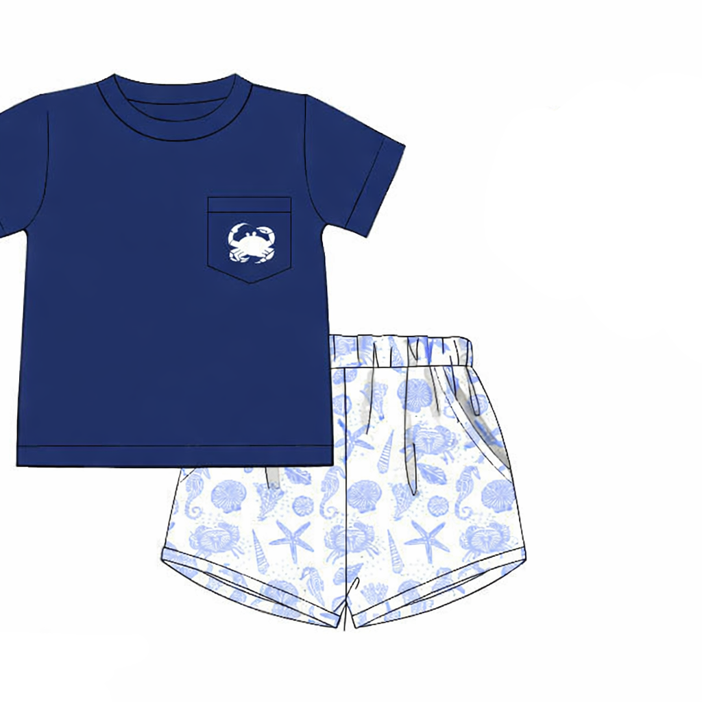 Shell & Sail boys shortie set with crab embroidered pocket