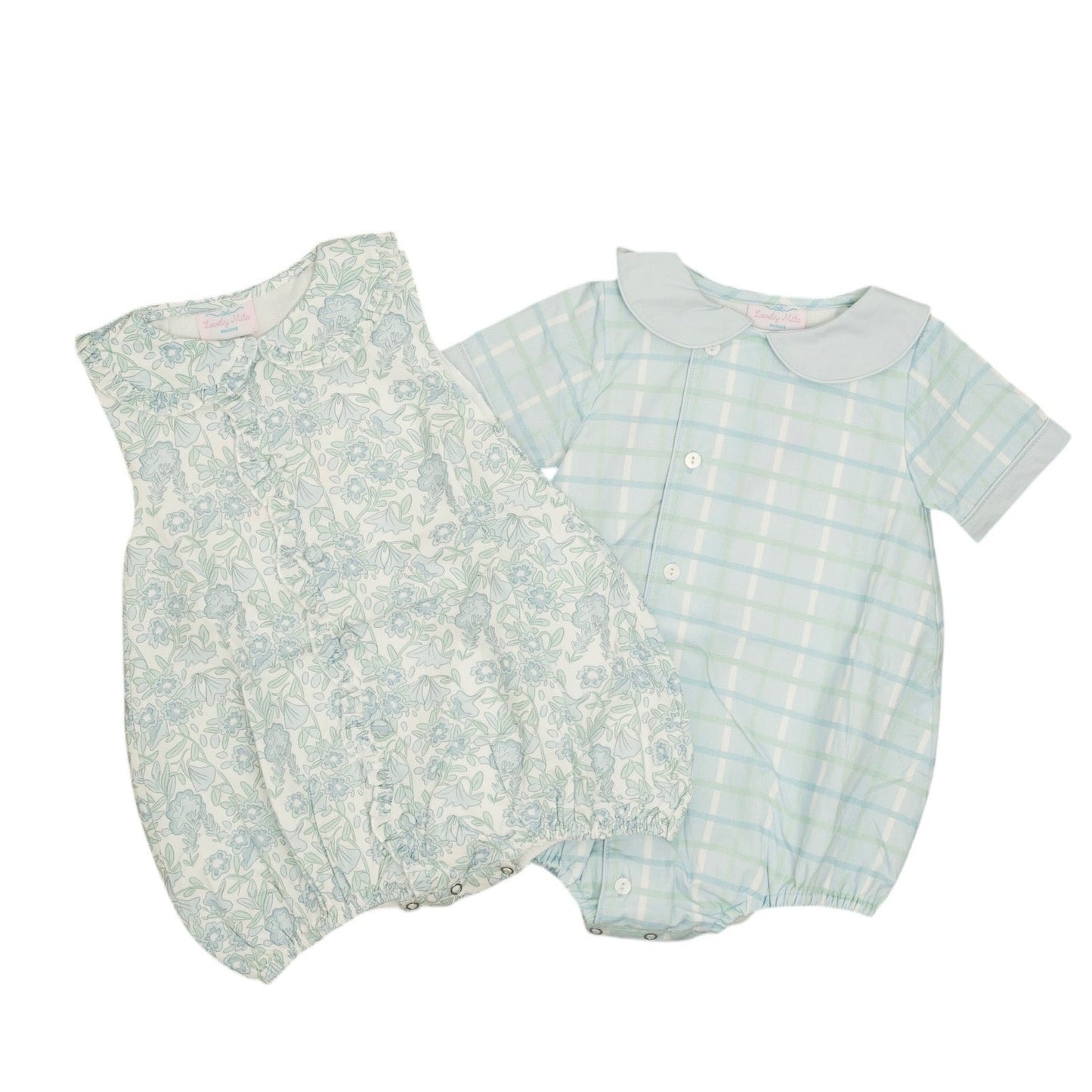 Two baby rompers, one with floral pattern and the other with checkered pattern, on a white background.