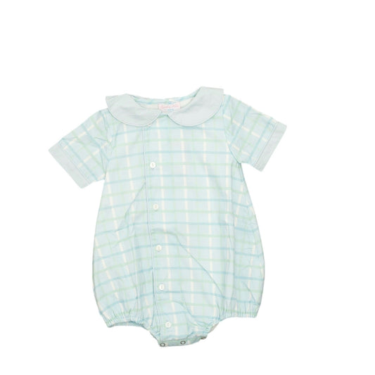 Baby romper with blue and white check pattern on a white background