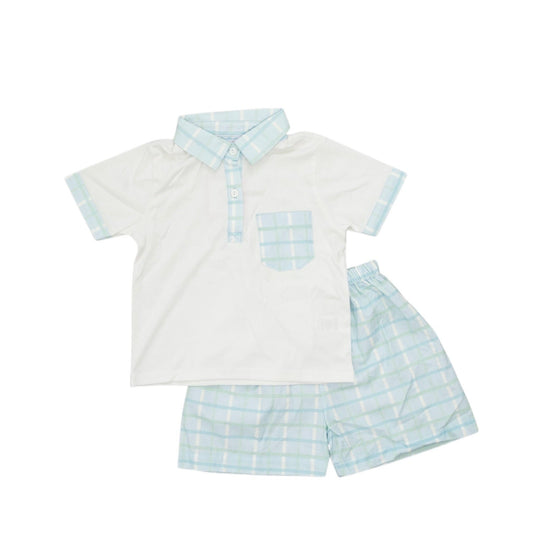 Children's outfit with white shirt and blue checkered shorts on a white background
