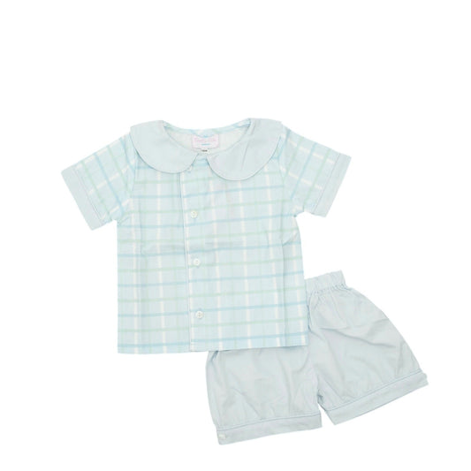 Children's checkered shirt and shorts set on a white background