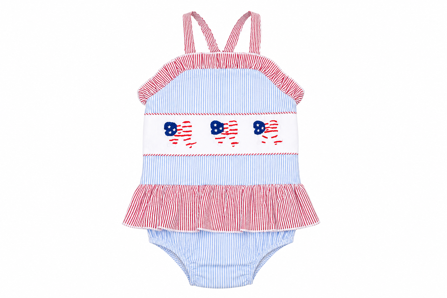 Children's swimsuit with red, white, and blue design on a white background