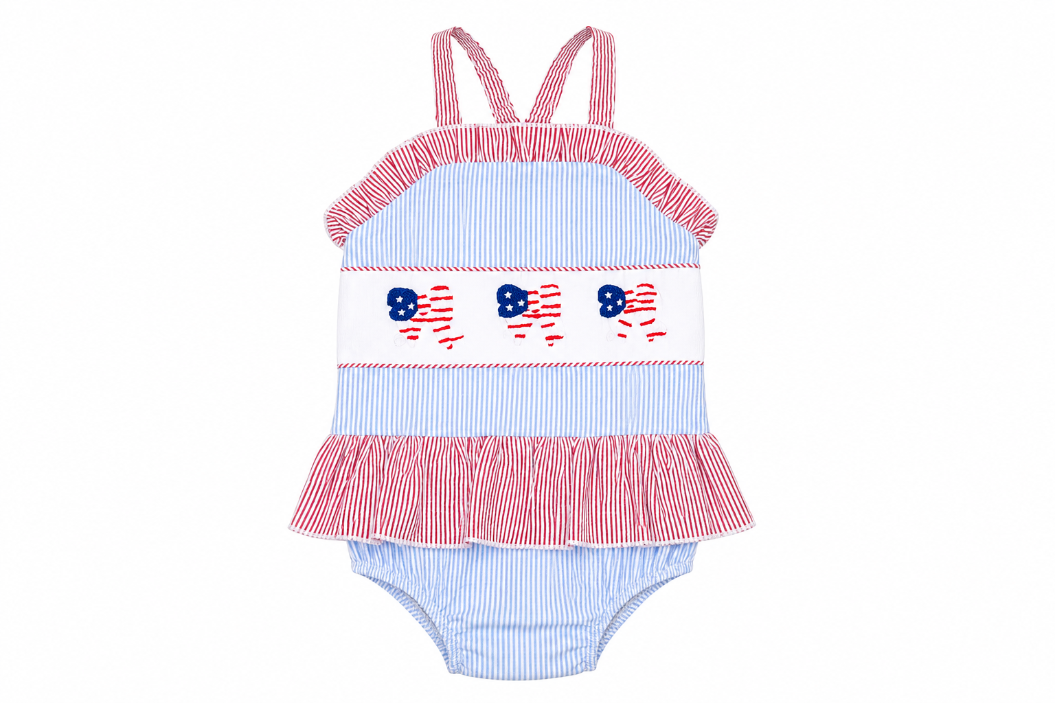 Children's swimsuit with red, white, and blue design on a white background