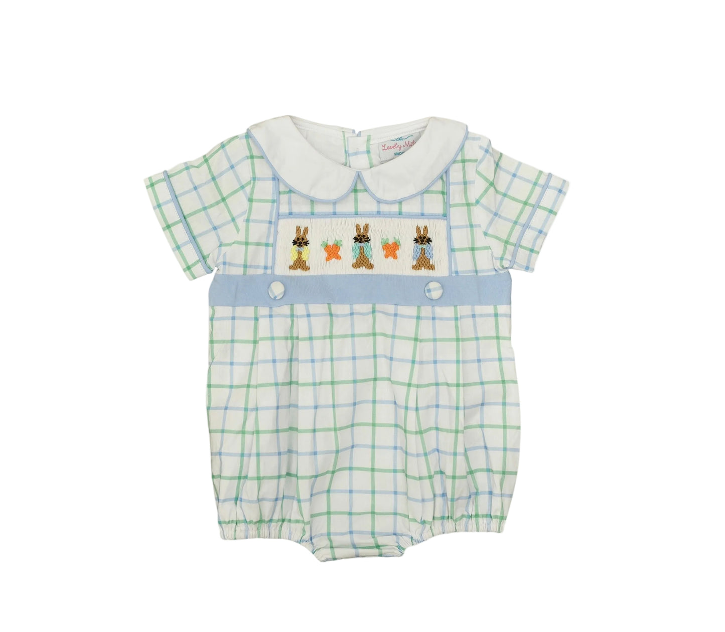 Baby romper with checkered pattern and embroidered bunnies on a white background