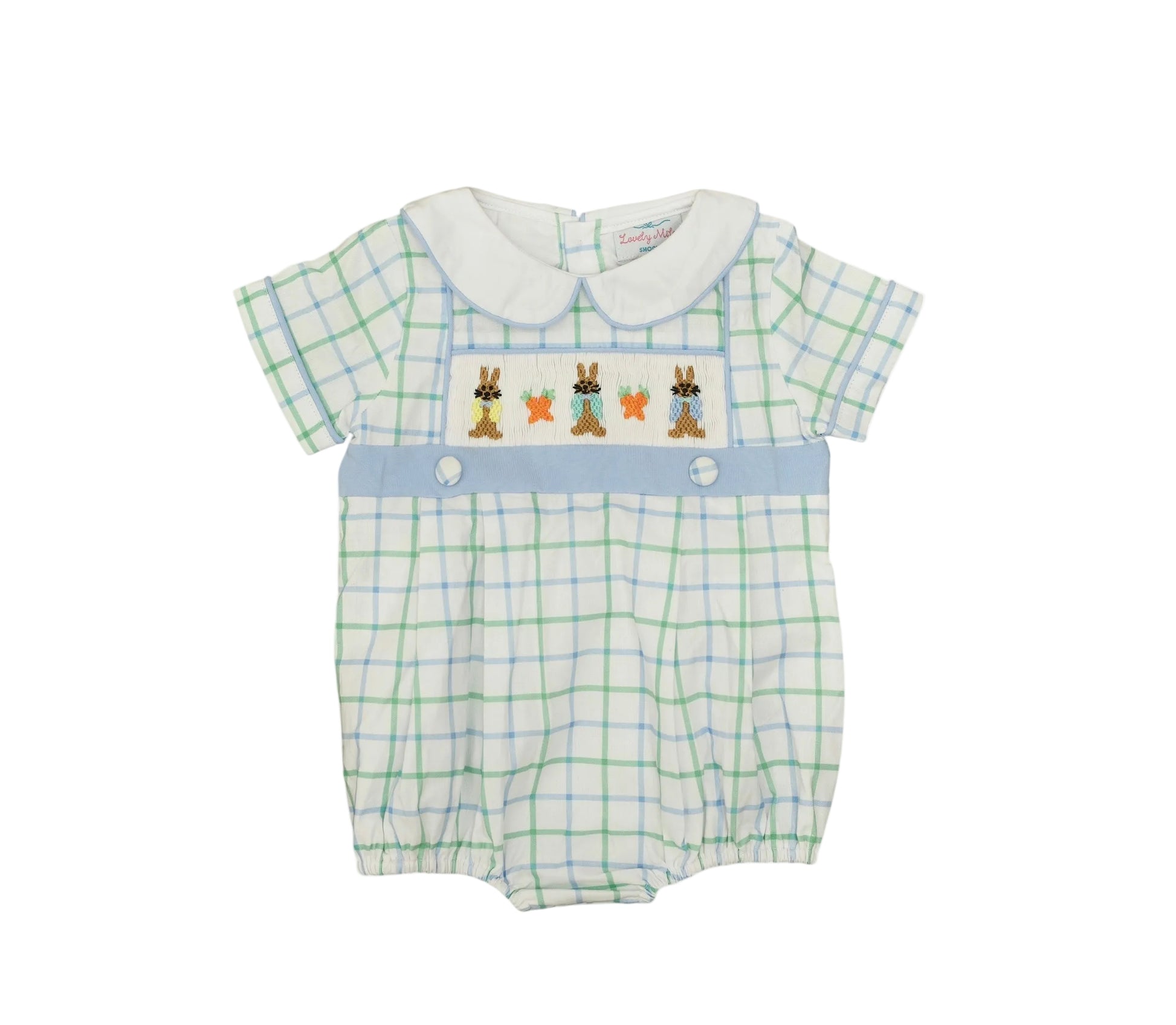 Baby romper with checkered pattern and embroidered bunnies on a white background