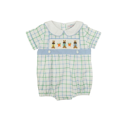 Baby romper with checkered pattern and embroidered bunnies on a white background