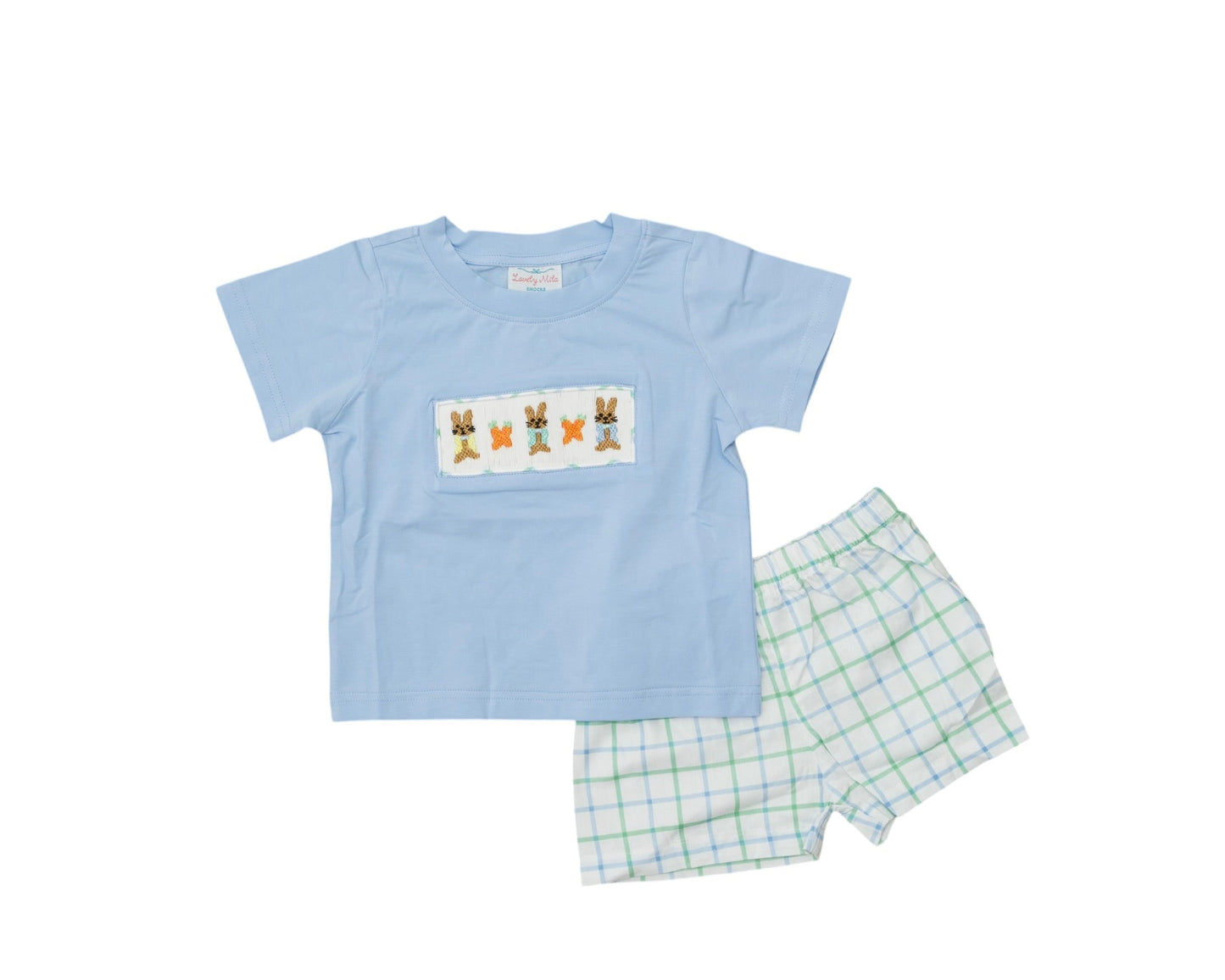 Children's blue t-shirt with bunny design and green checkered shorts on a white background