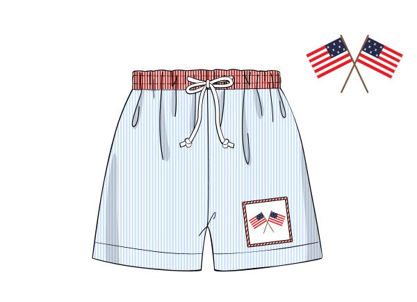 Boys Stars & Stripes shortie in 100% cotton with hand-smocked flag detail. Classic patriotic style for summer celebrations.