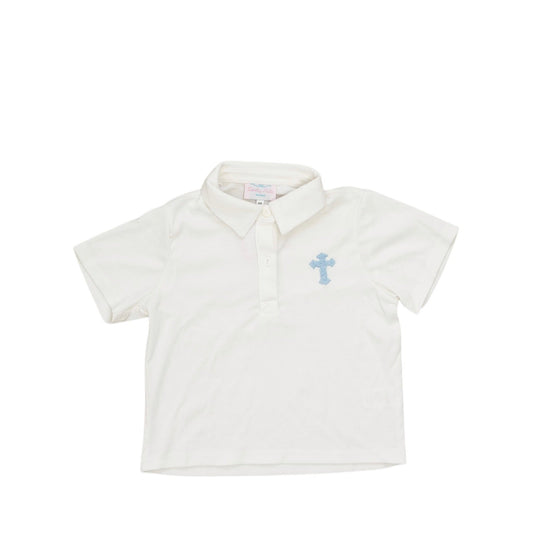 White polo shirt with a blue cross on a white background