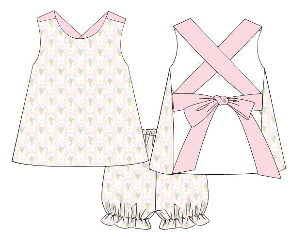 Sunlit Garden Baby Girl Bloomer Set made from 100% cotton with delicate flowers and bow. Perfect for playdates, summer outings, family photos, and everyday wear.