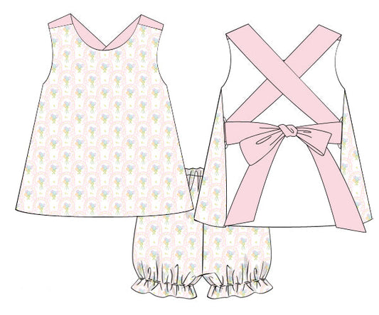 Sunlit Garden Baby Girl Bloomer Set made from 100% cotton with delicate flowers and bow. Perfect for playdates, summer outings, family photos, and everyday wear.