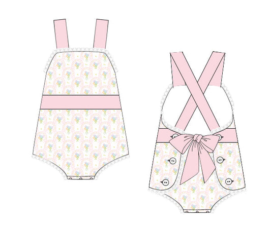 Sunlit Garden Baby Girl Sunsuit made from 100% cotton with delicate flowers and bow. Perfect for summer playdates, beach days, picnics, and everyday wear.