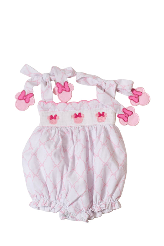 Pink baby bubble with hand smocking, bows trellis fabric, and appliqué pink mouse heads.