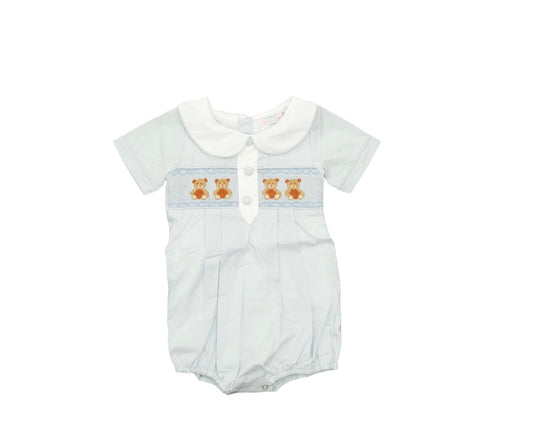 White baby romper with embroidered teddy bears on a white background