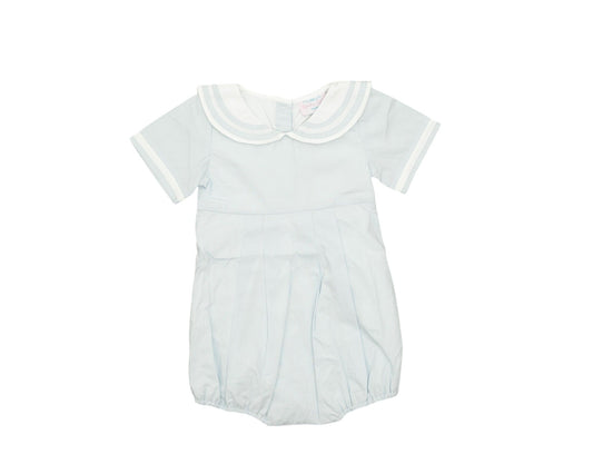 Light blue baby romper with white collar on a white background