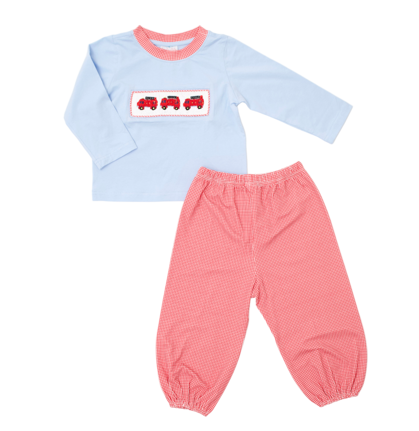 Firefighters hand smocked pants set for boys