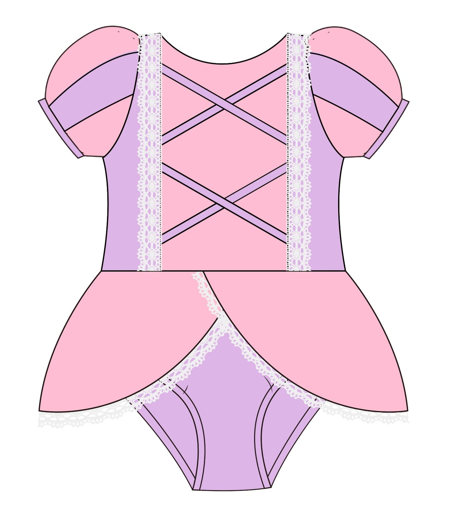 Pink and purple leotard with lace details on a white background
