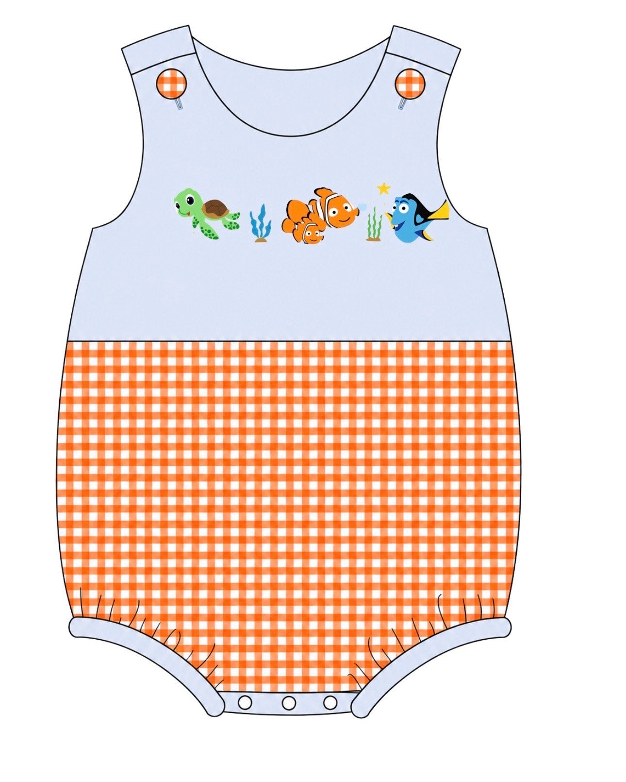 A baby bodysuit or romper shown as a flat digital illustration on a white background. The top half is light blue with small cartoon sea-creature prints across the chest, and the bottom half is orange-and-white gingham.