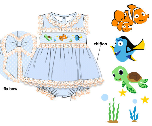 A baby girl's light blue romper dress with a ruffled lace bodice and skirt, decorated with colorful sea creatures. The image includes a matching bow headband, a 'fix bow' label, and cartoon graphics of Nemo, Dory, and Marlin on a white background.