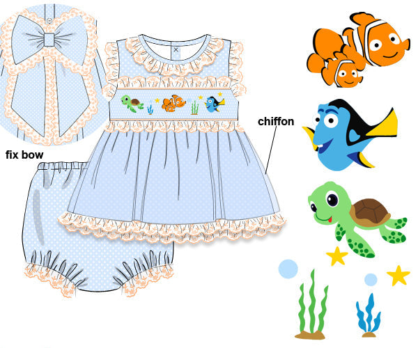 A flat product illustration of a baby girl's dress and matching bloomers set, alongside a close-up inset of a bow and cartoon fish and sea life graphics on a white background. The dress is light blue with cream lace trim and a colorful fish motif across the chest.