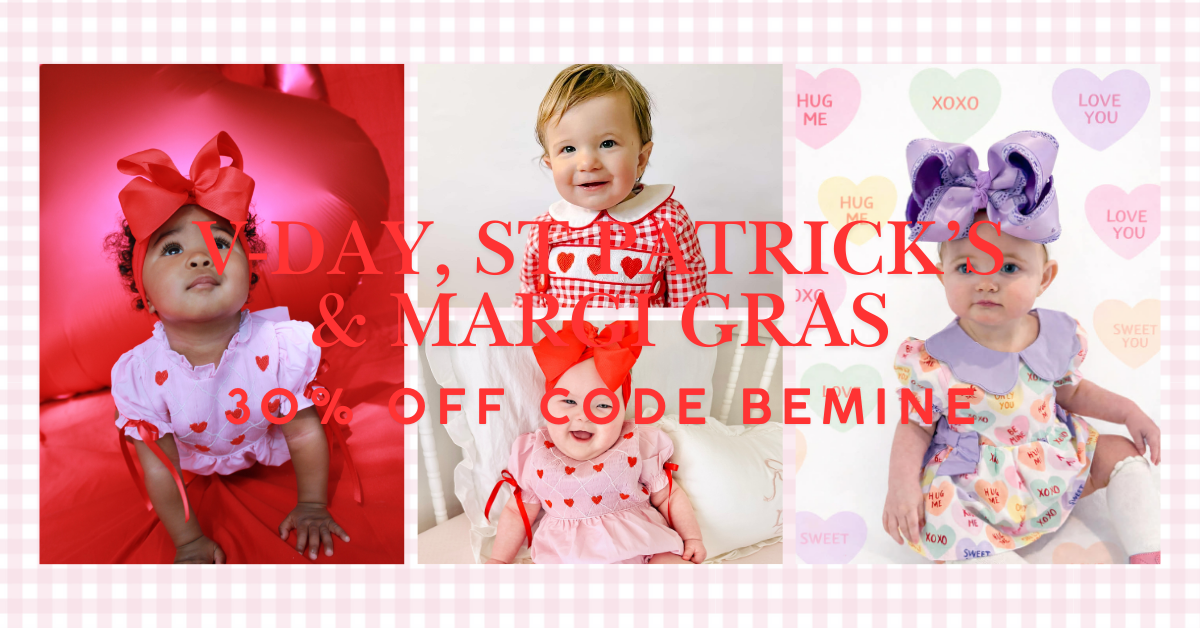 Valentine’s Day Mardi Gras and st Patrick’s day with 30% off children clothing hand smocked 