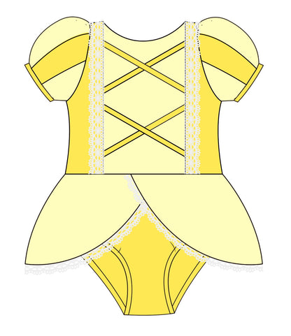 Yellow princess swim girls bathing suit, fairytale inspired kids swimwear for beach and pool days.