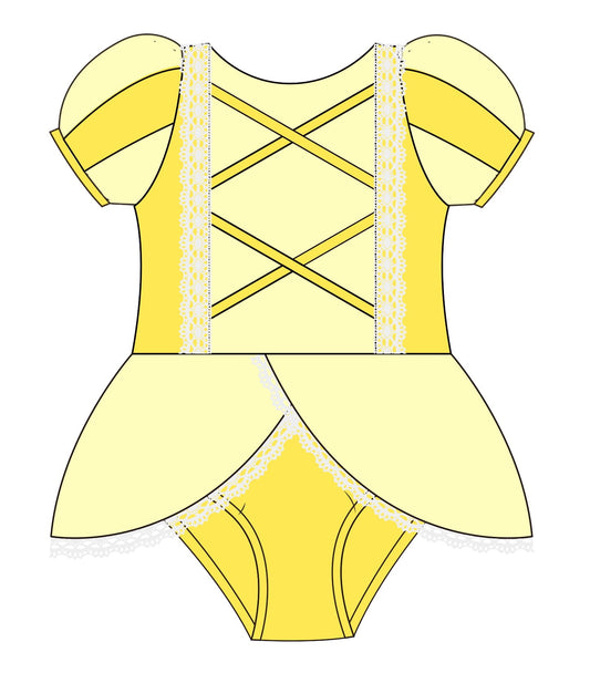 Yellow princess swim girls bathing suit, fairytale inspired kids swimwear for beach and pool days.