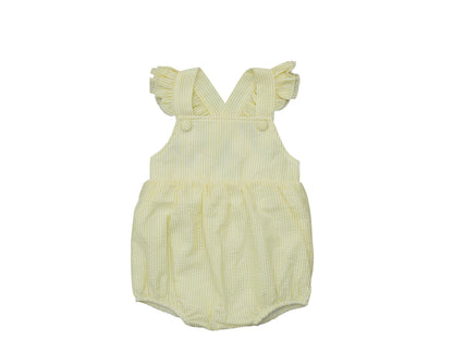 Yellow baby romper with ruffled straps on a white background