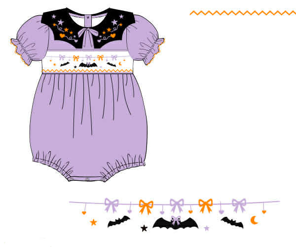Purple baby romper with Halloween-themed design on a white background