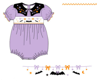 Purple baby romper with Halloween-themed design on a white background