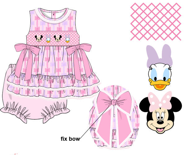 A digital mockup sheet showing a pink Disney-themed custom woven dress design with Minnie Mouse and Daisy Duck faces, a close-up of a bow detail labeled 'fix bow', a pink lattice pattern swatch, and text reading 'custom woven 2026 0702XX'.