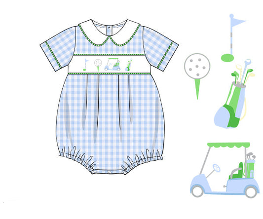 Gingham Golf Bubble for boys in 100% cotton with hand smocking and golf embroidery