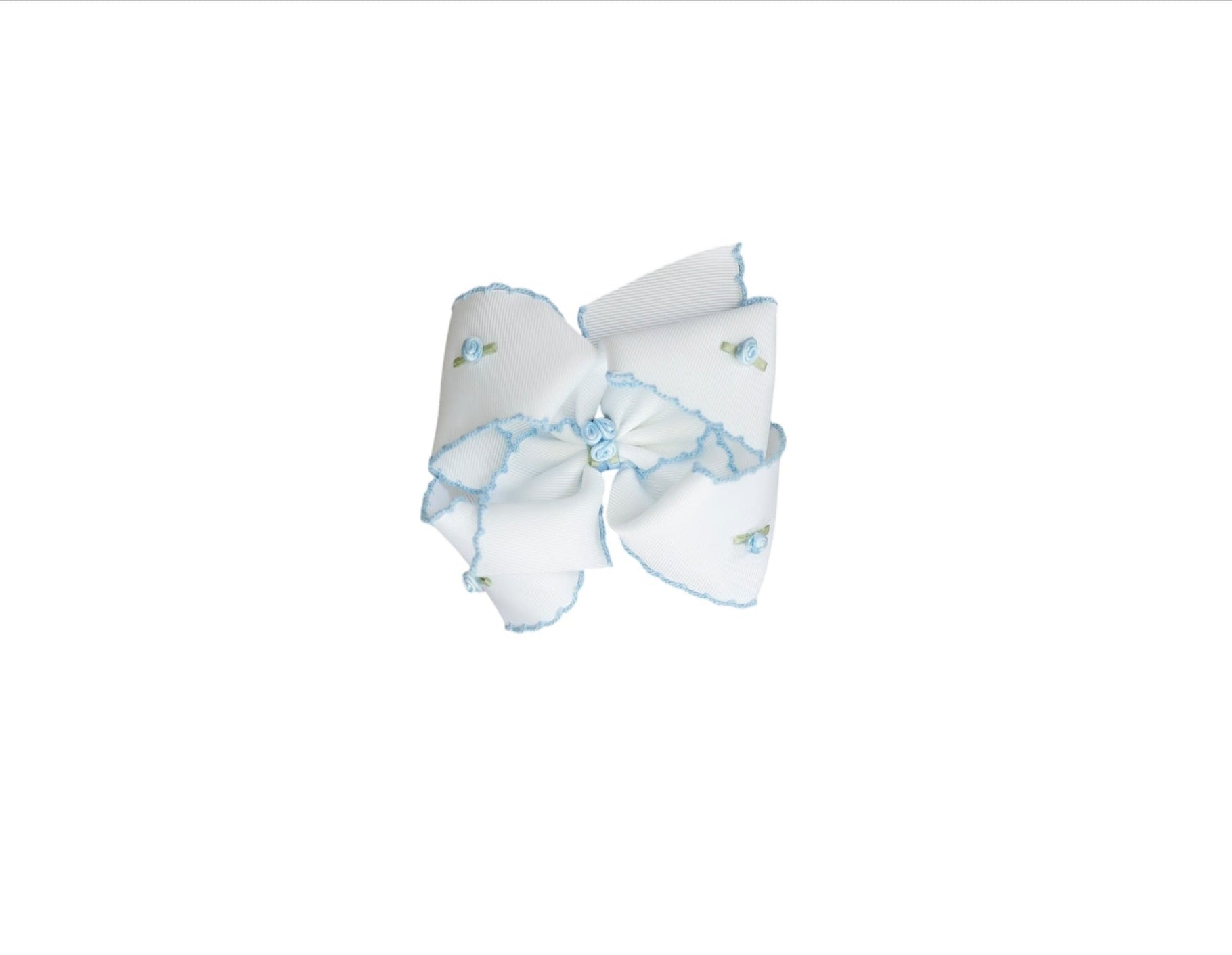 White hair bow with blue accents on a white background