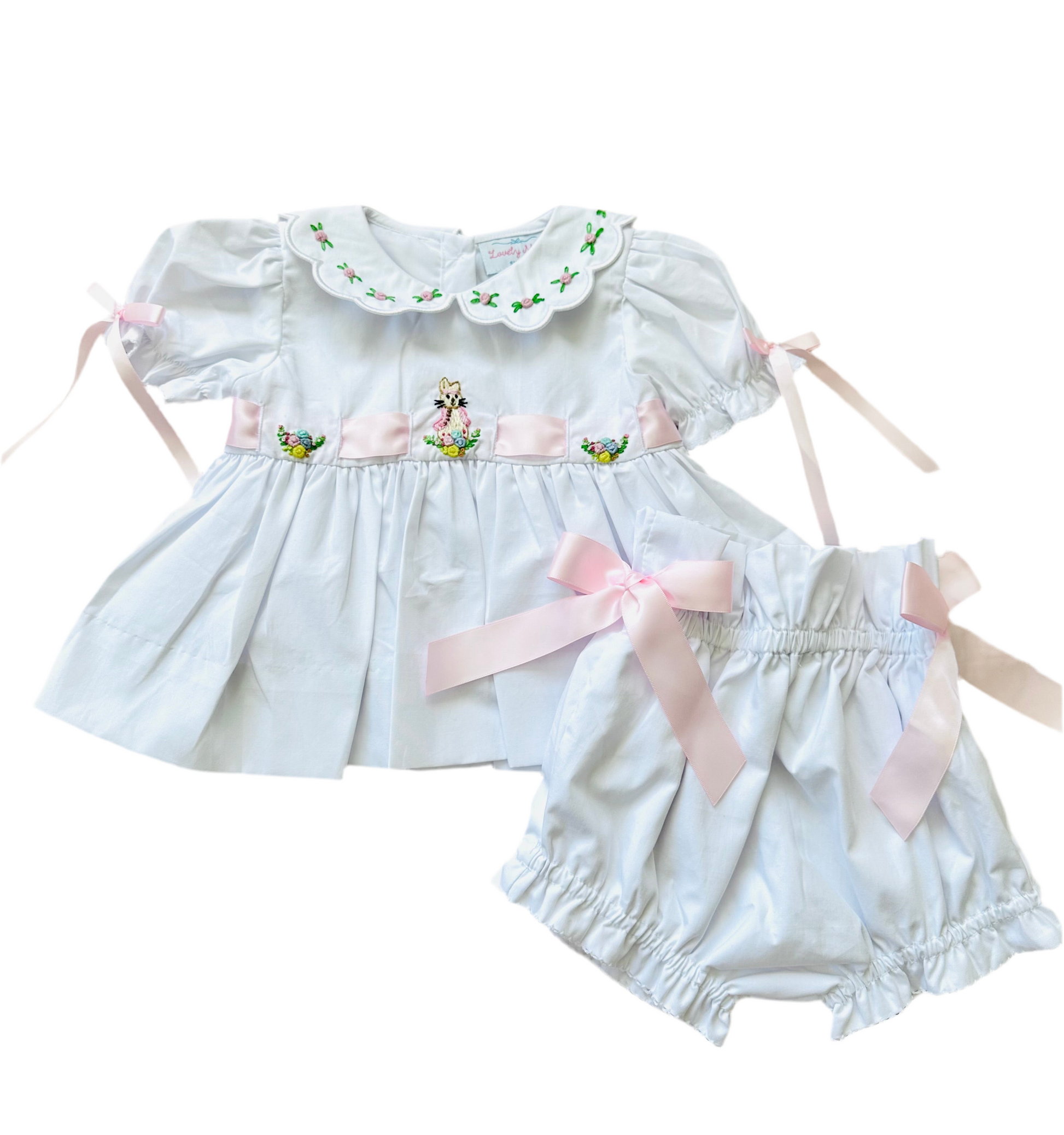 Classic Peter Rabbit girls dress with roses embroidery and pink ribbon bows for Easter and special occasions