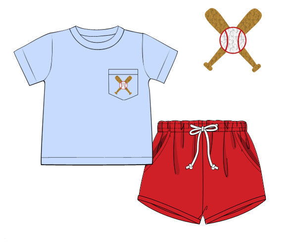 Light blue t-shirt with a pocket featuring crossed baseball bats, red shorts with white drawstrings, and baseball bat and ball graphics on a white background.