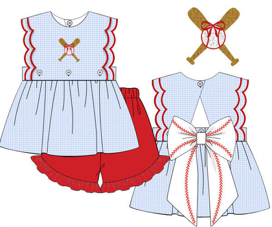 Children's outfit with red and white checkered dress and shorts on a white background