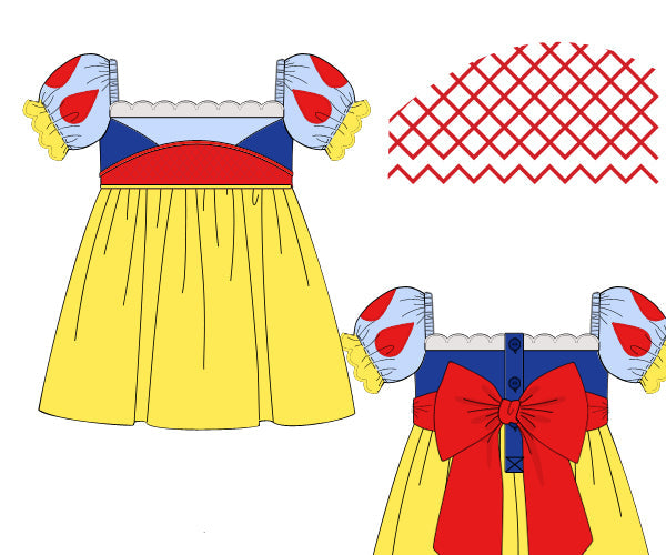 Design of a dress with yellow skirt, red top, and blue waistband on a white background.