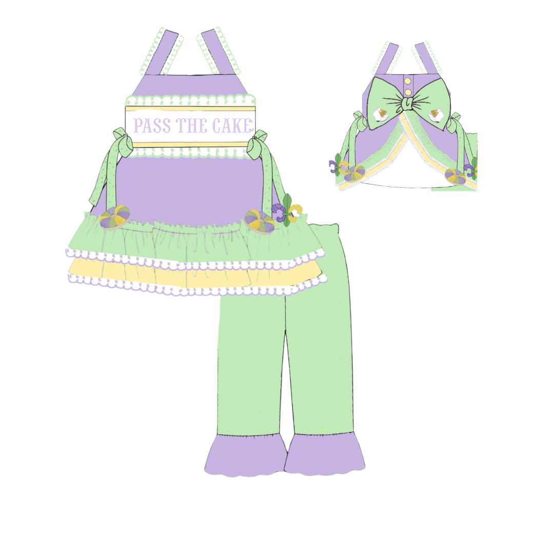 A stylized illustration of a pastel outfit consisting of a lavender and mint green halter top with a ruffled skirt, paired with mint green pants with lavender cuffs. A smaller inset shows the top alone.