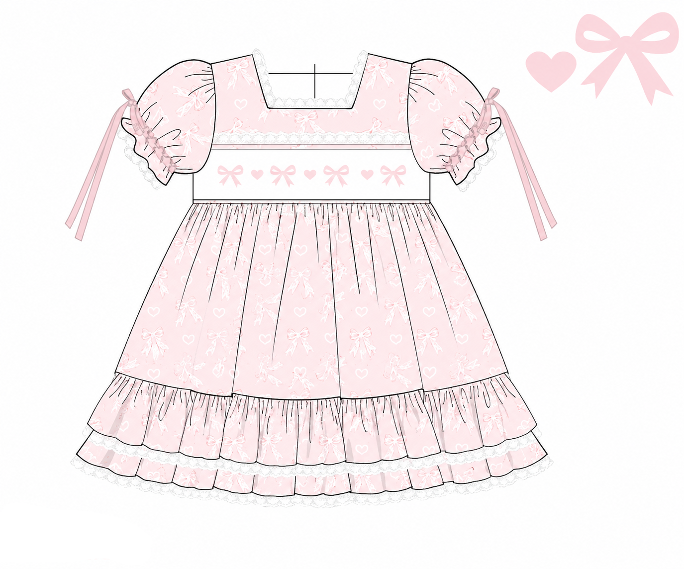A flat illustration of a pink and white patterned dress with puff sleeves, lace trim, and tiered ruffles, shown on a white background with small pink bow and heart graphics and text reading 'R94 custom woven 2026 0819XK'.