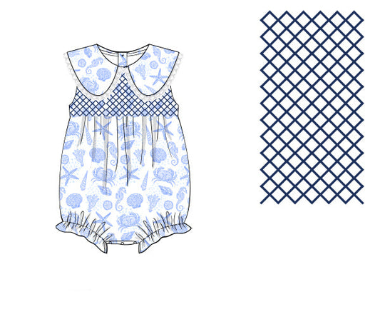 Children's romper with blue floral pattern and lattice design on a white background