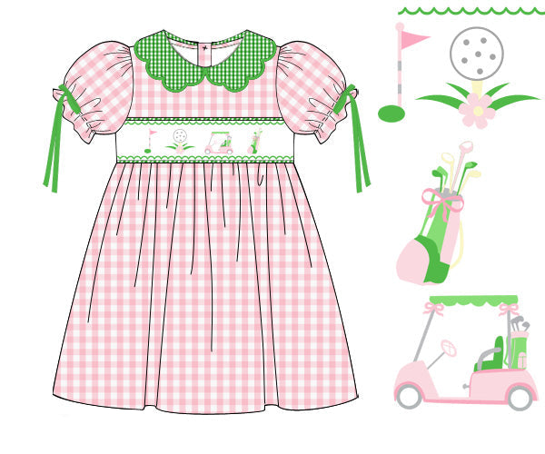 Gingham Golf Dress for girls in 100% cotton with hand smocking and golf embroidery