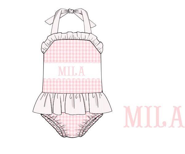 Pre Order Hand Smocked Pink Gingham Bathing Suit